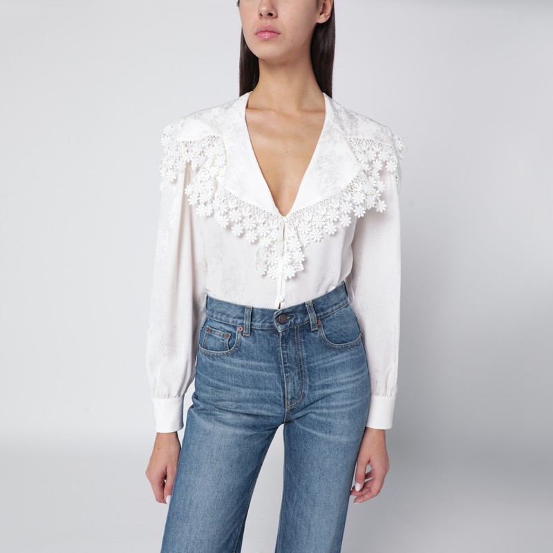 Chloé Jacquard And Lace Blouse With Oversized Collar In White