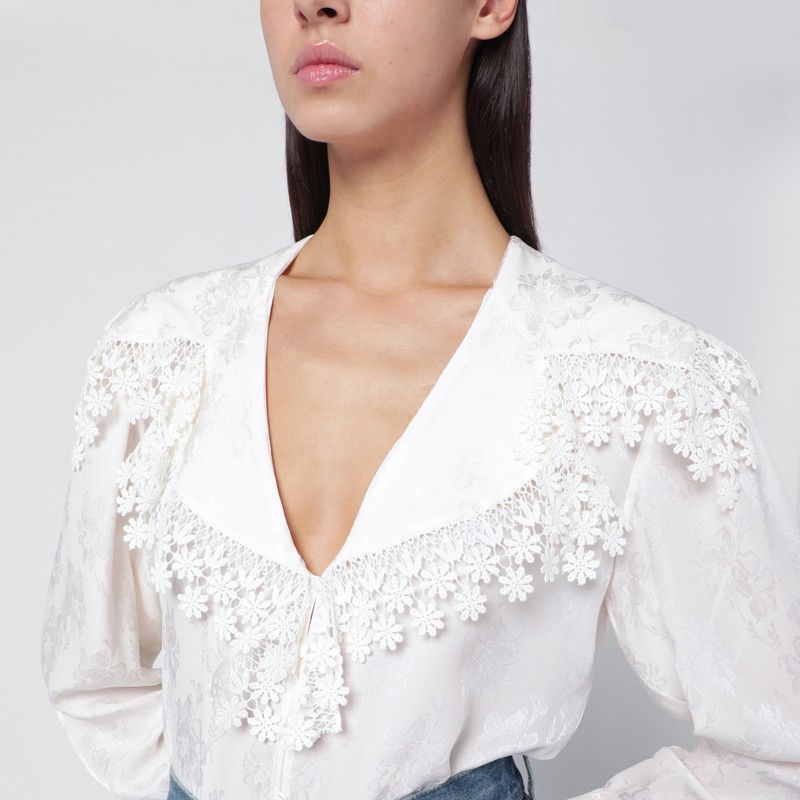 Chloé Blouse With A Maxi Collar In Silk Jacquard And Lace In White