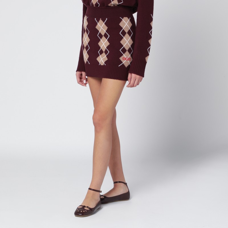 Chloé Bordeaux Diamond-pattern Wool Miniskirt In Burgundy
