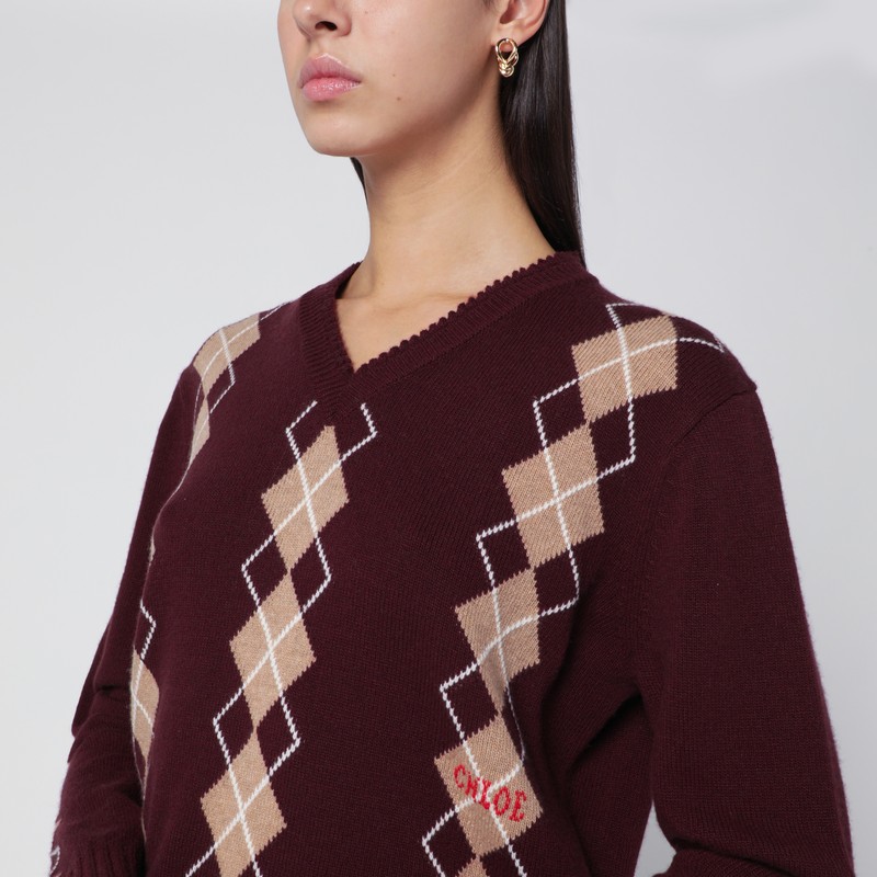 Chloé Bordeaux Diamond-pattern Wool Sweater In Burgundy