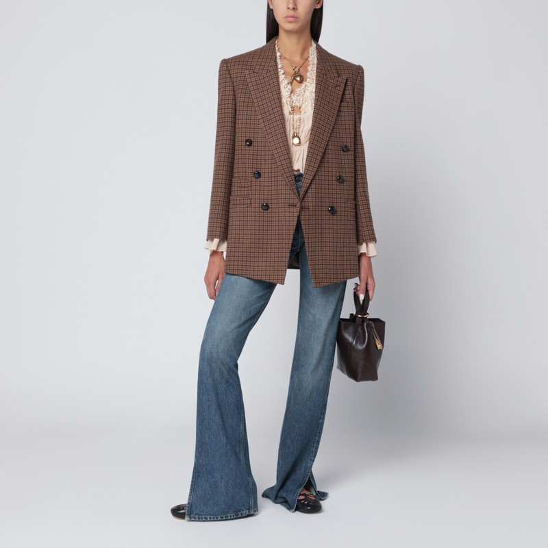 Chloé Houndstooth Double-breasted Blazer Notched Lapels In Brown