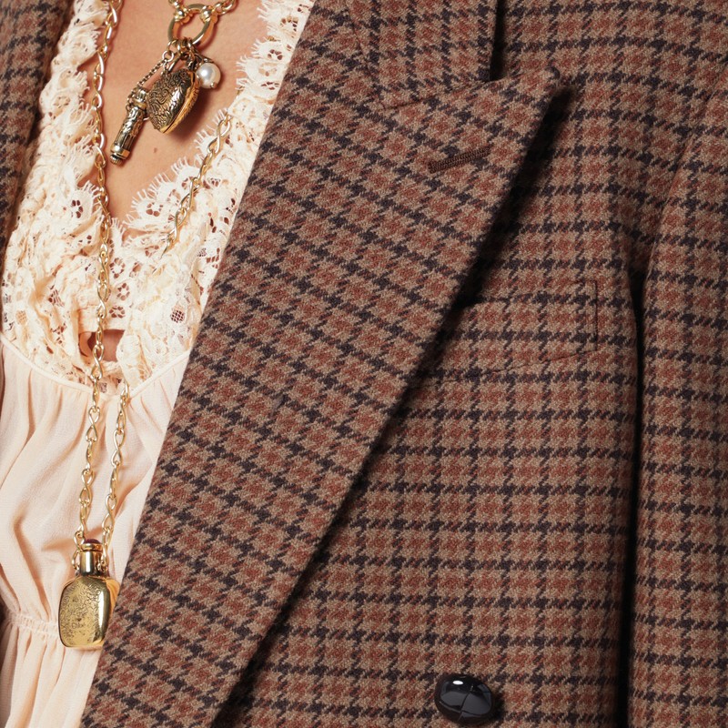Chloé Houndstooth Double-breasted Blazer Notched Lapels In Brown