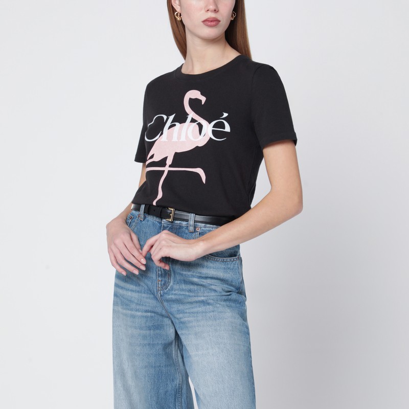 Chloé Black Baby-fit T-shirt With Logo And Flamingo Print