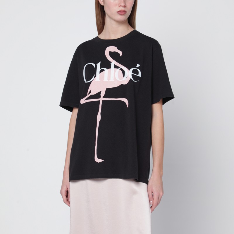 Chloé Black Oversized T-shirt With Logo And Flamingo Print In Multi