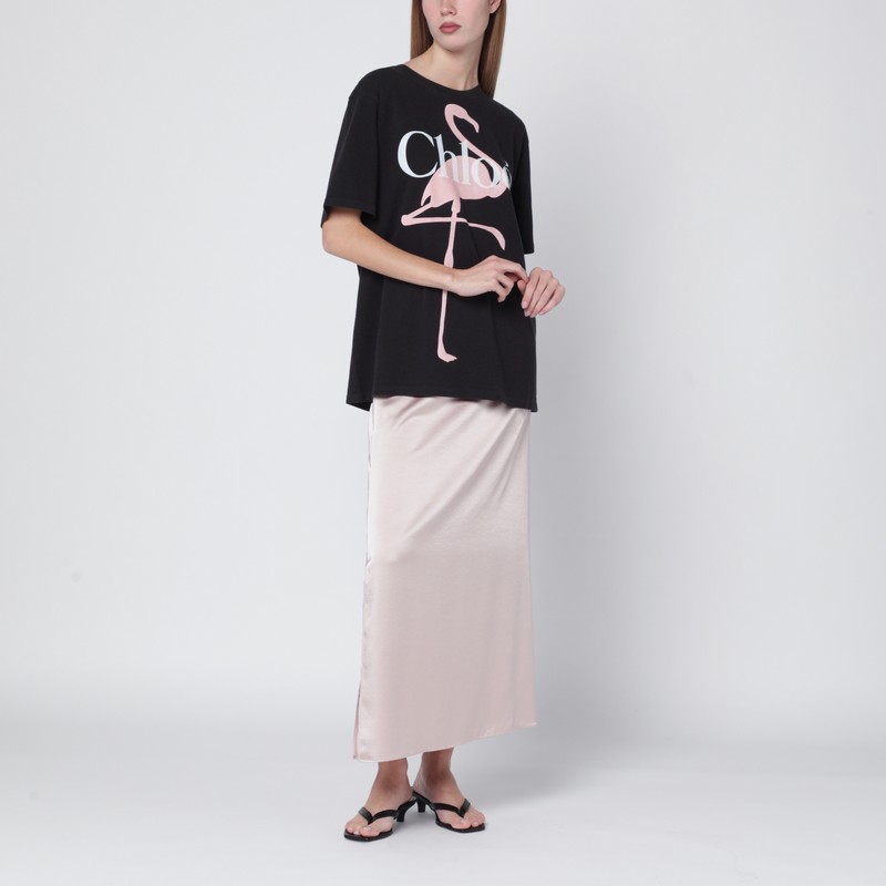 Chloé Black Oversized T-shirt With Logo And Flamingo Print In Multi