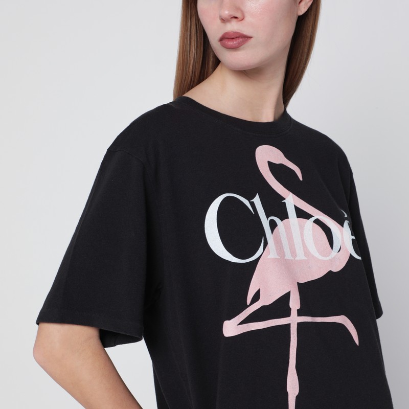 Chloé Black Oversized T-shirt With Logo And Flamingo Print In Multi