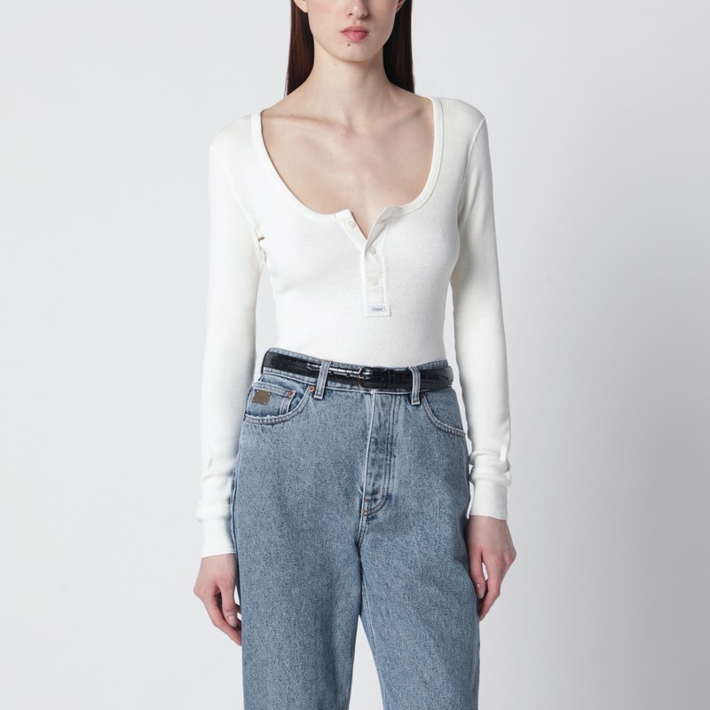 White Henley cotton jersey top