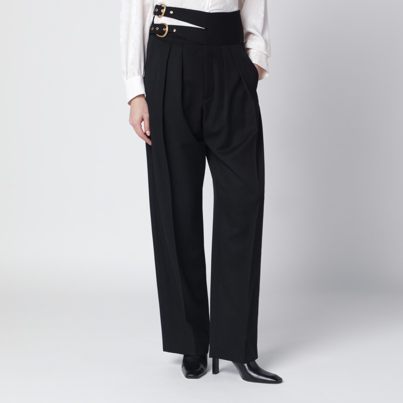 Black trousers with double belt and gold buckles