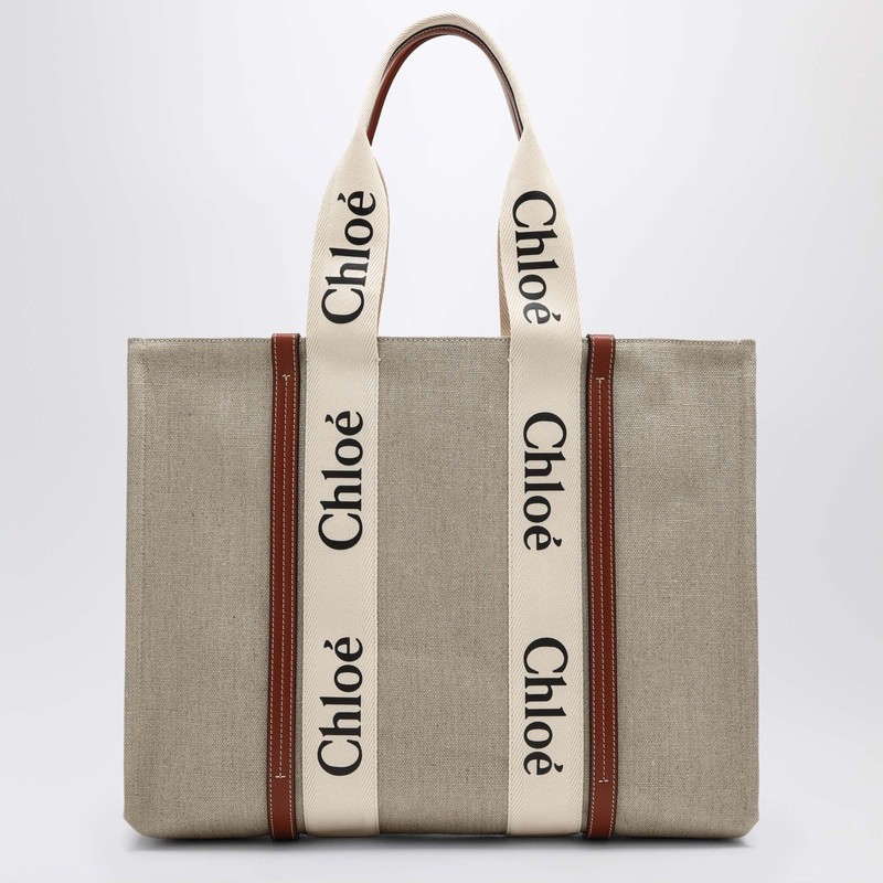 Large Woody tote bag in beige canvas
