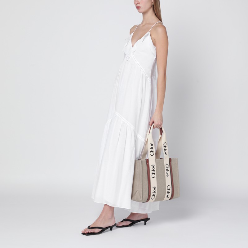 Chloé Woody Medium Bag In Beige Canvas In Sand