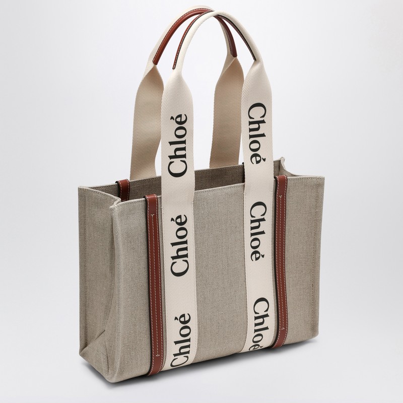 Chloé Woody Medium Bag In Beige Canvas In Sand
