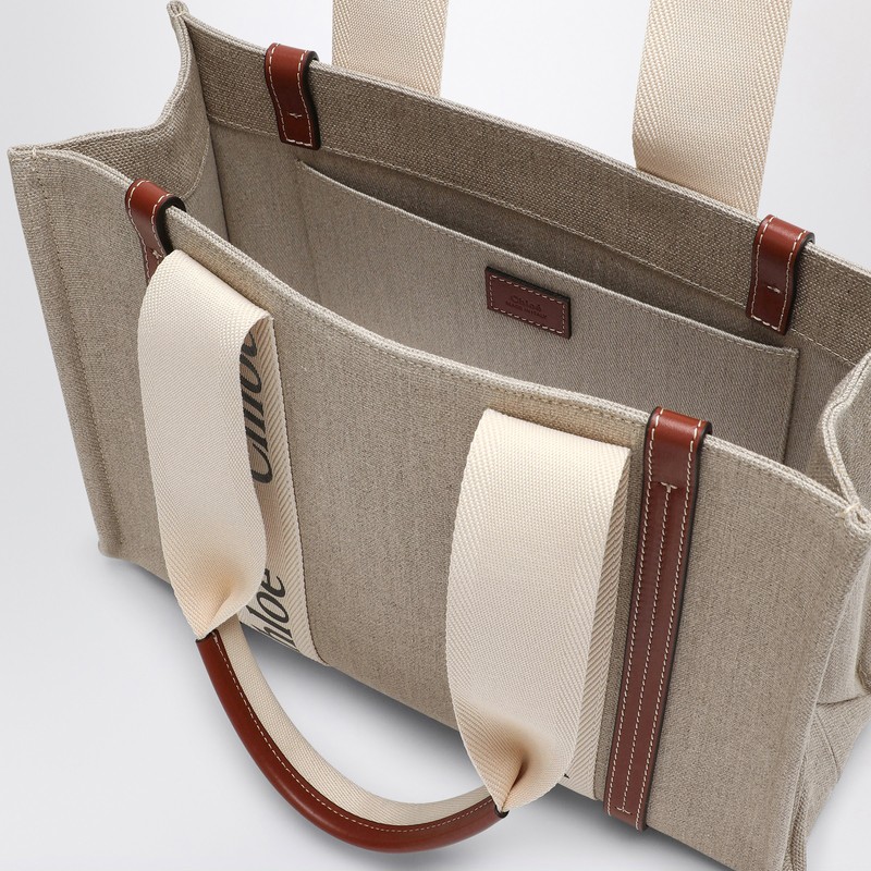 Chloé Woody Medium Bag In Beige Canvas In Sand