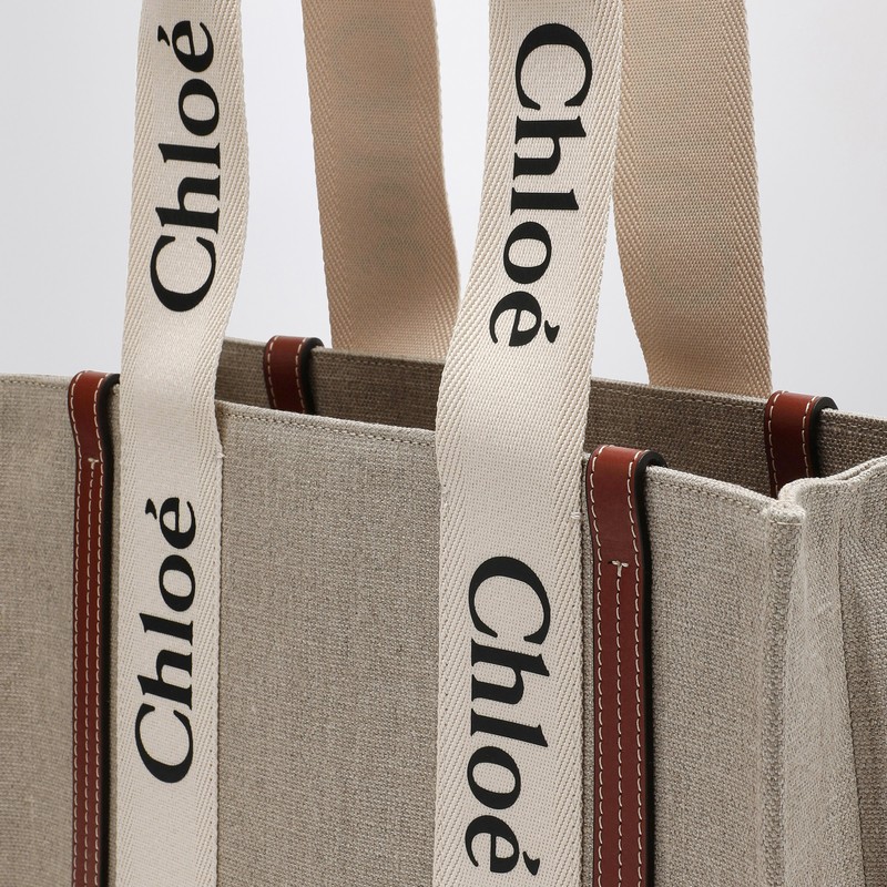 Chloé Woody Medium Bag In Beige Canvas In Sand