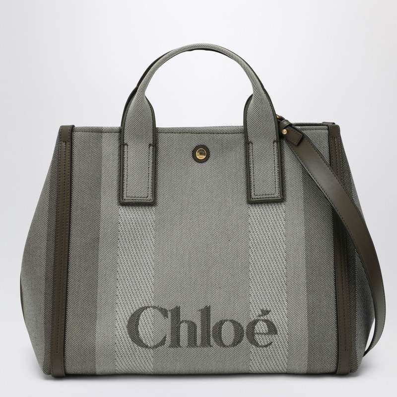 Chloé Carry Small Tote Bag In Dark Green Striped Canvas In Gray