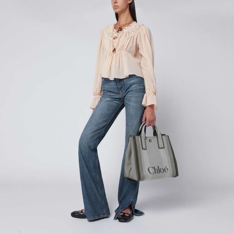 Chloé Carry Small Tote Bag In Dark Green Striped Canvas In Gray