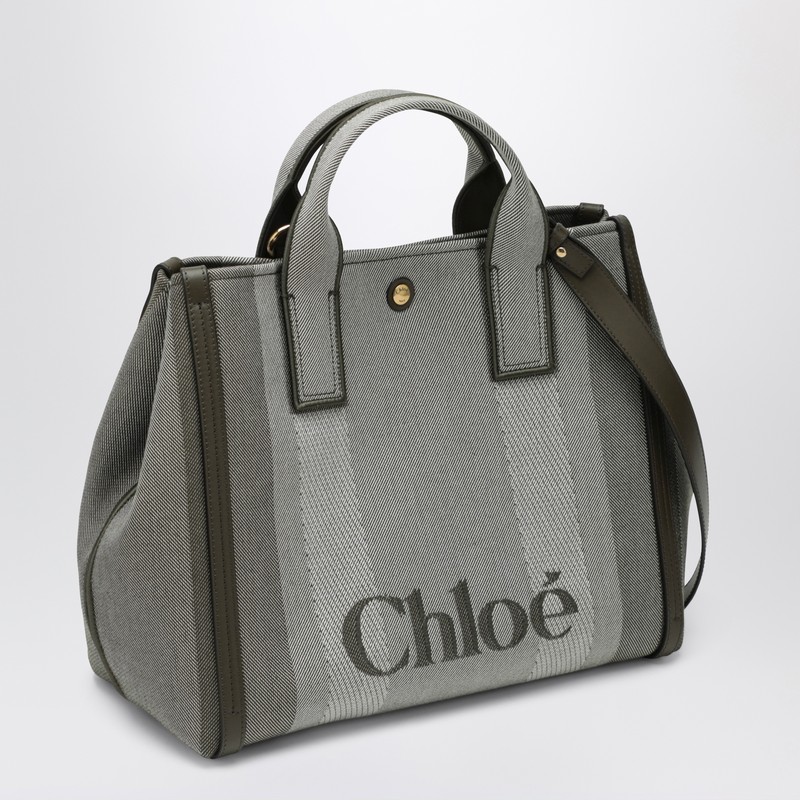 Chloé Carry Small Tote Bag In Dark Green Striped Canvas In Gray