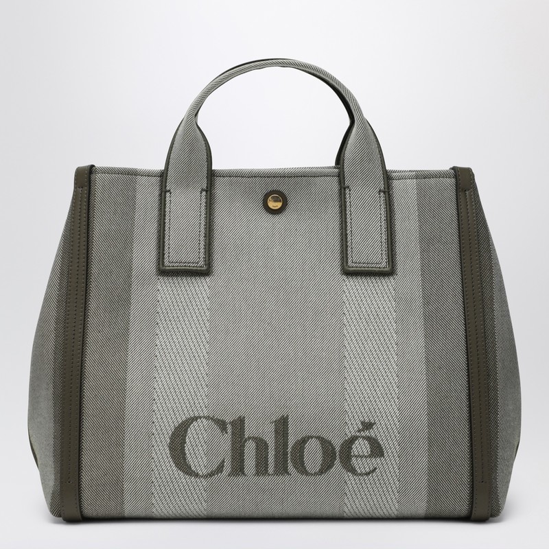 Chloé Carry Small Tote Bag In Dark Green Striped Canvas In Gray