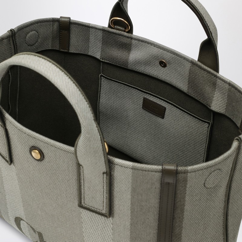Chloé Carry Small Tote Bag In Dark Green Striped Canvas In Gray