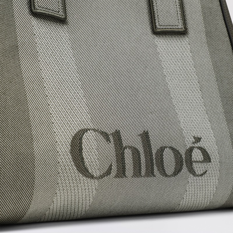 Chloé Carry Small Tote Bag In Dark Green Striped Canvas In Gray