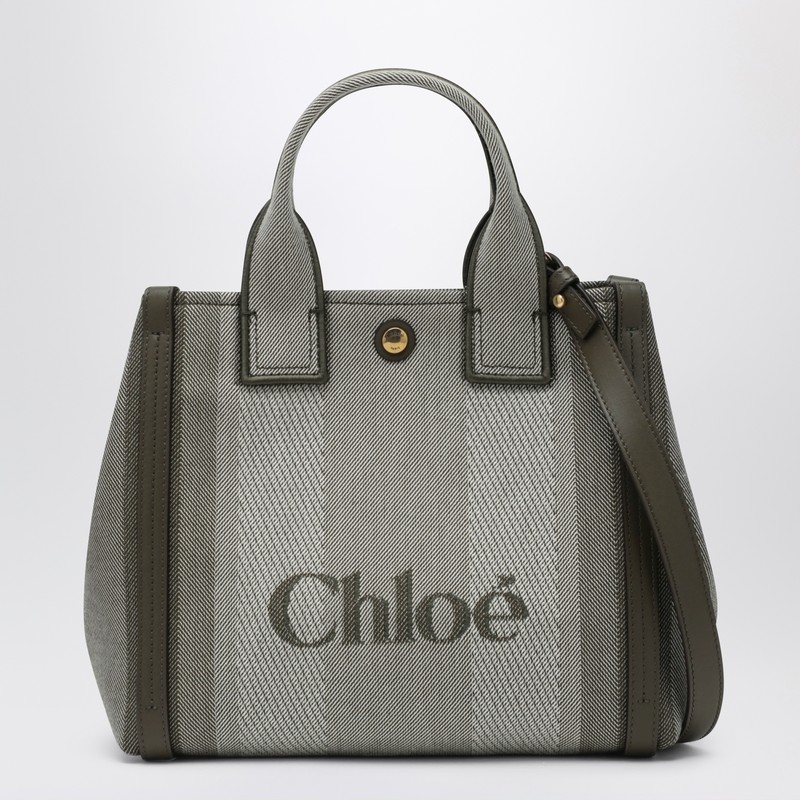 Chloé Carry Small Tote Bag In Dark Green Striped Canvas In Gray