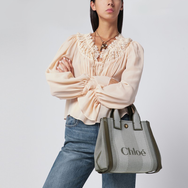 Chloé Carry Small Tote Bag In Dark Green Striped Canvas In Gray
