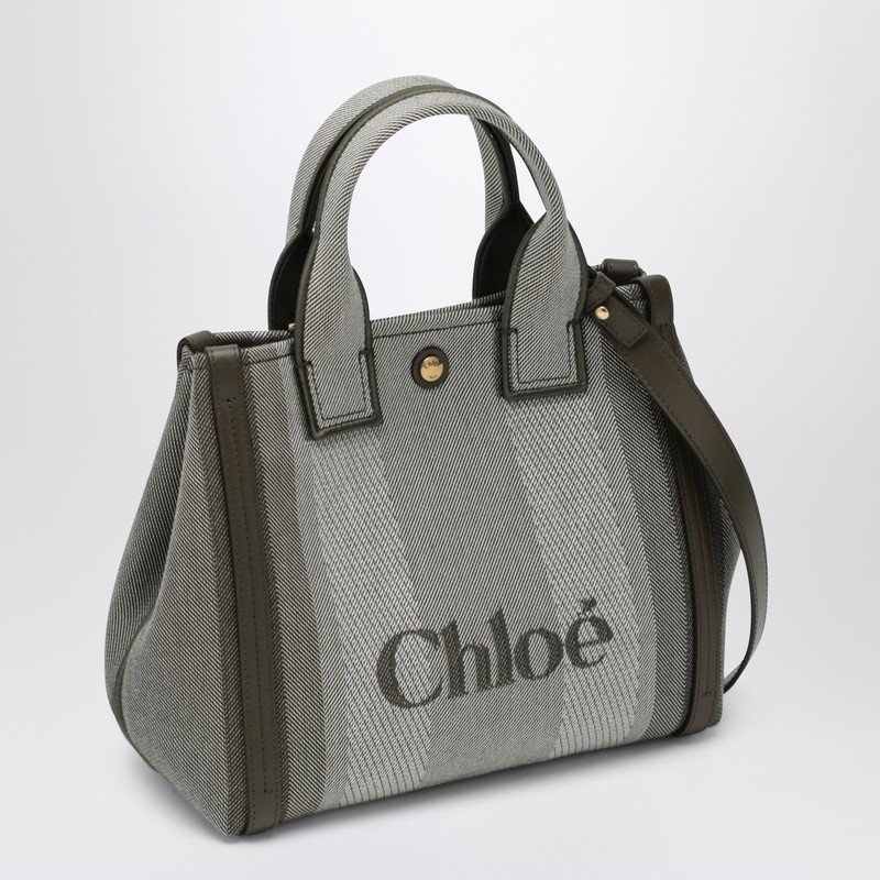 Chloé Carry Small Tote Bag In Dark Green Striped Canvas In Gray