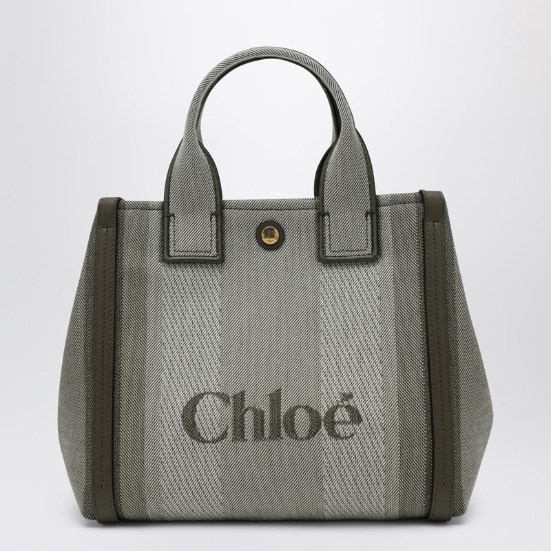 Chloé Carry Small Tote Bag In Dark Green Striped Canvas In Gray