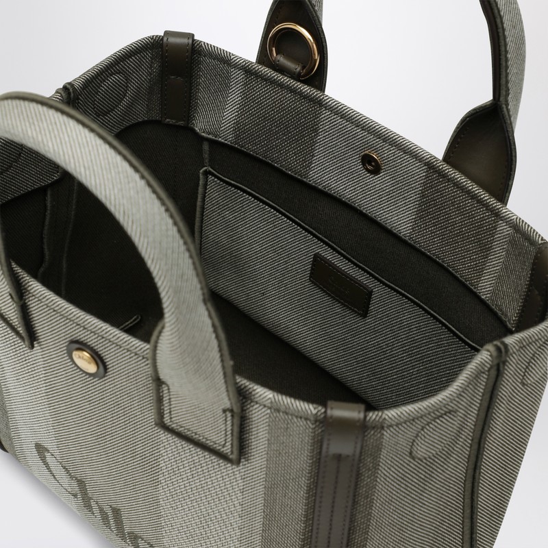 Chloé Carry Small Tote Bag In Dark Green Striped Canvas In Gray