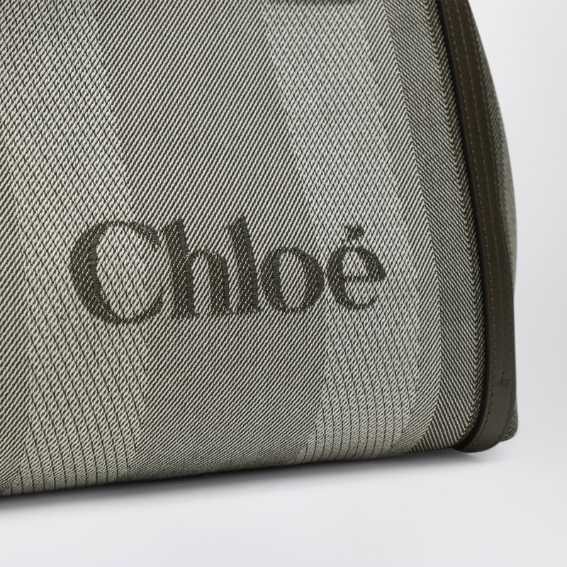Chloé Carry Small Tote Bag In Dark Green Striped Canvas In Gray