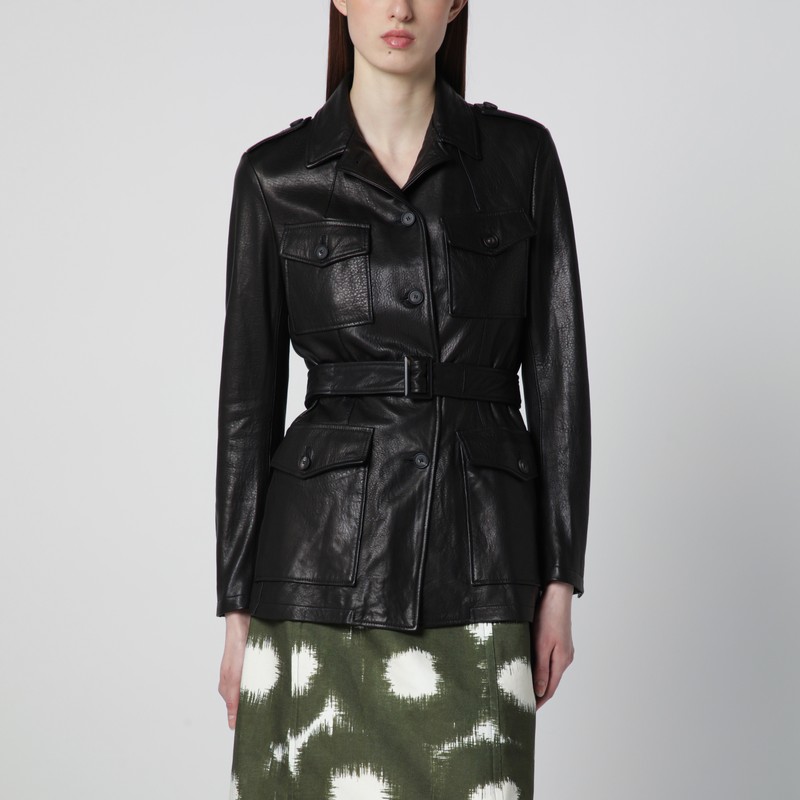 Black leather belted jacket