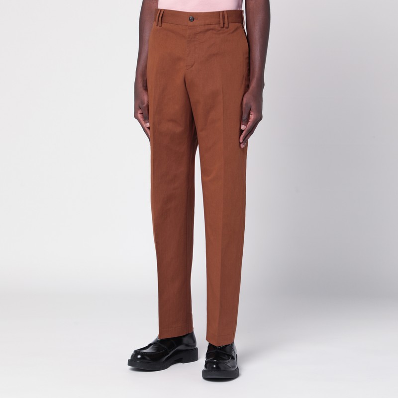 Pt Torino Brown Cotton And Linen Trousers In Brown
