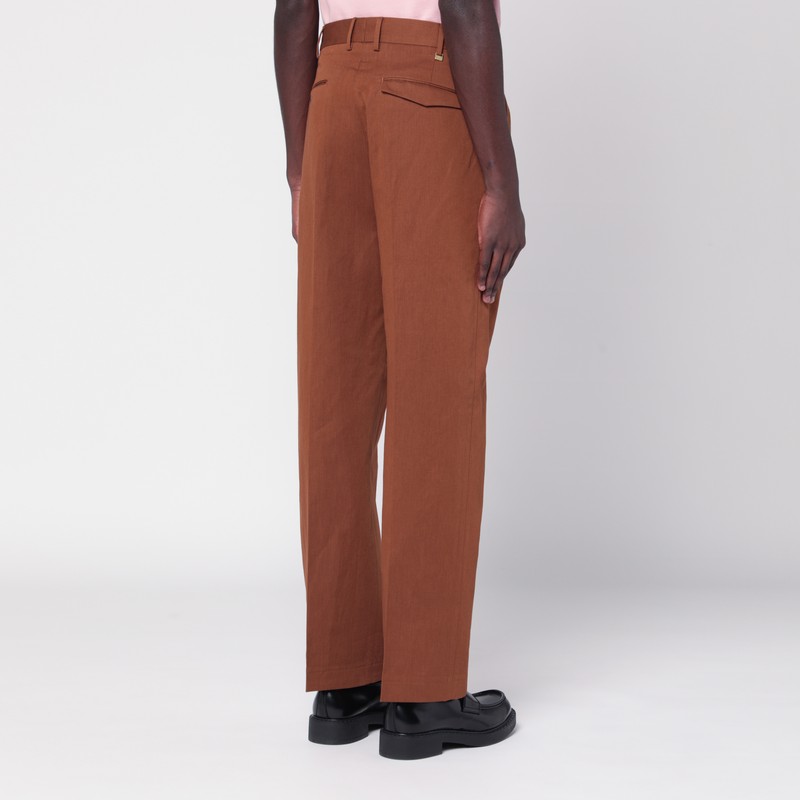 Pt Torino Brown Cotton And Linen Trousers In Brown