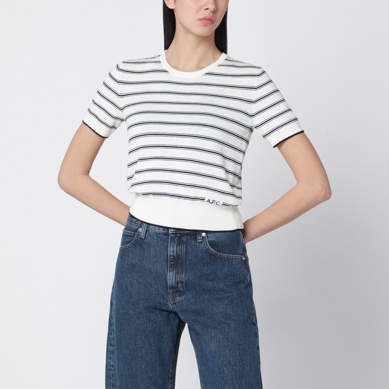White knit top with ecru/black stripes