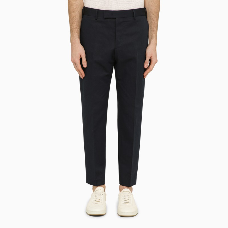 Pt Torino Navy Blue Slim Trousers In Cotton And Linen In Blue