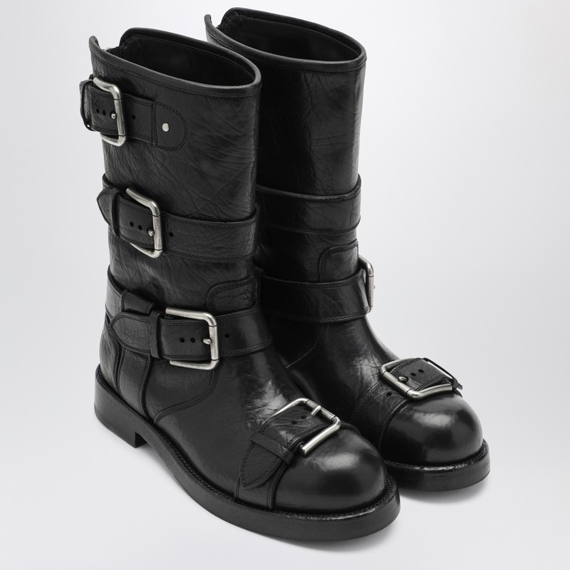 Dolce & Gabbana Black Leather Boots With Straps In Black