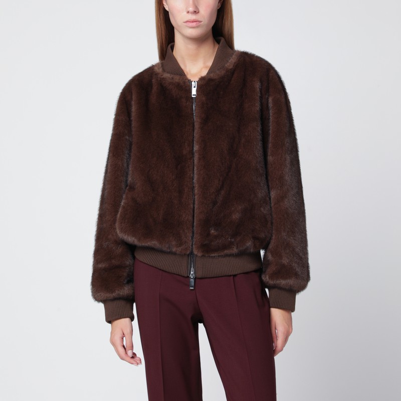 Brown faux fur bomber jacket with zip