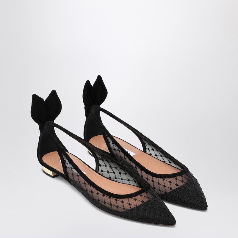 Aquazzura Black Mesh And Suede Ballerinas With Bow In Black