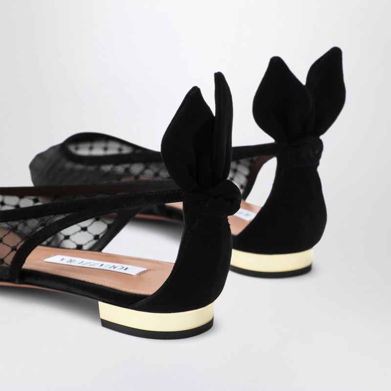 Aquazzura Black Mesh And Suede Ballerinas With Bow In Black