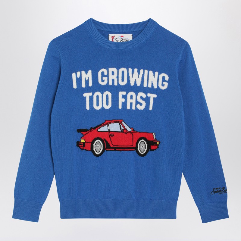 Blue wool-blend sweater with car