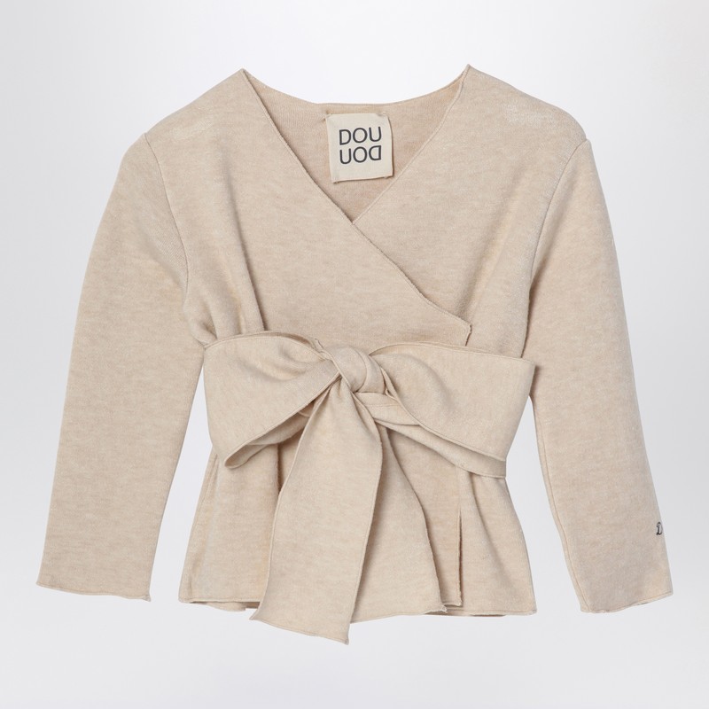 Dou Dou Beige Crossover Cardigan With Bow In Beige