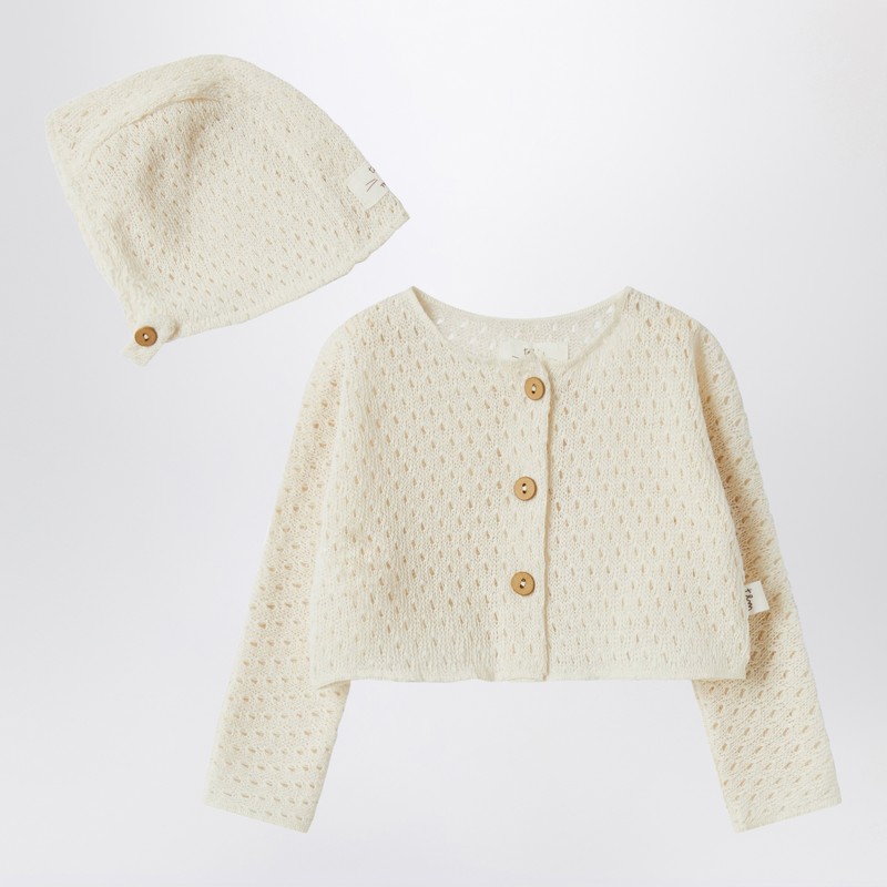 Teddy & Minou Cream-colored Cardigan And Hat In Openwork Knit In White