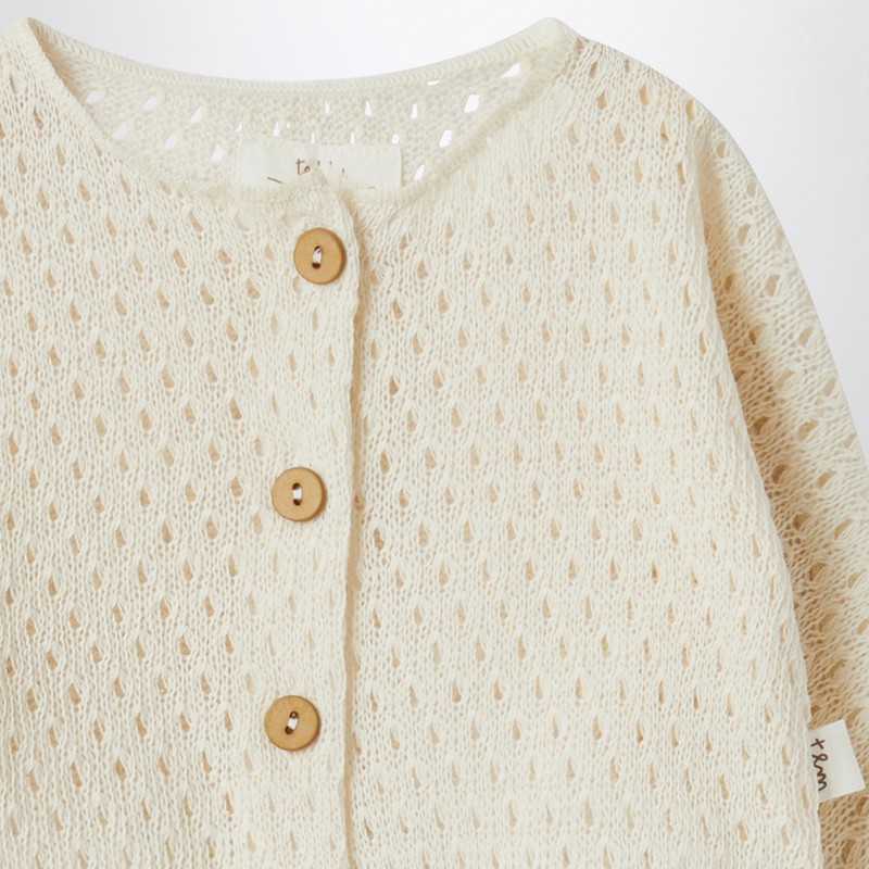 Teddy & Minou Cream-colored Cardigan And Hat In Openwork Knit In White
