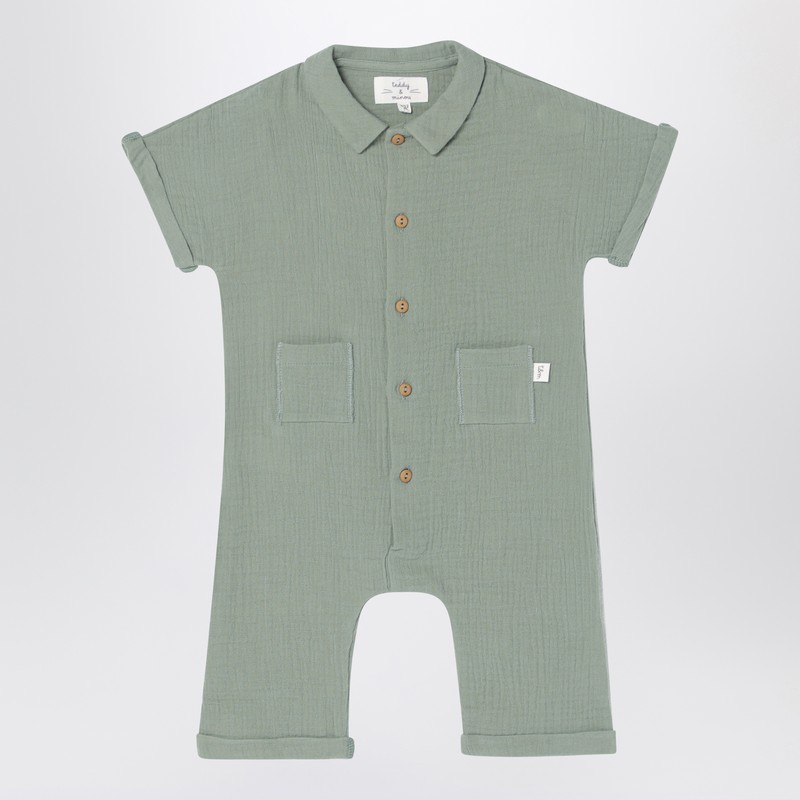 Teddy & Minou Sage Green Romper In Cotton Muslin In Green