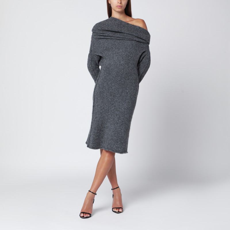 Smoke grey wool-blend one-shoulder dress