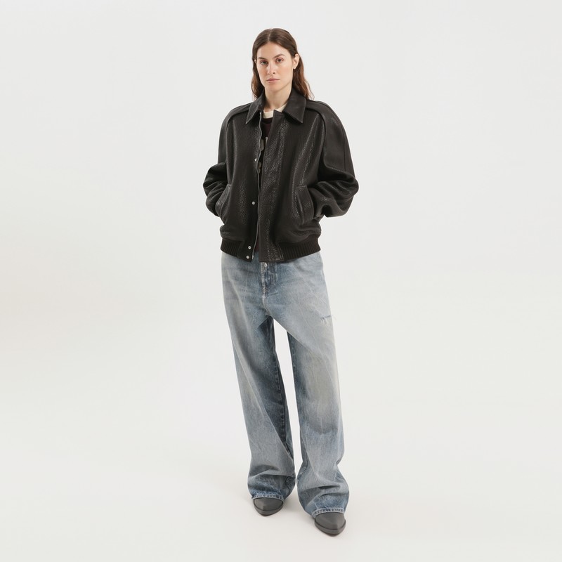 1989 Studio Leather Jacket Collar Front Pockets Ribbed Cuffs Textured Finish In Brown