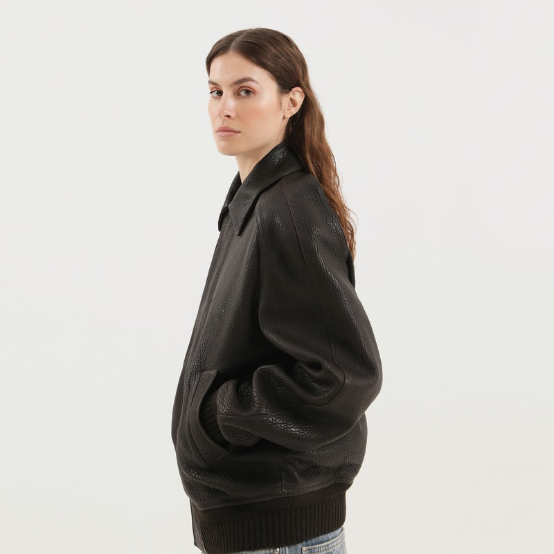 1989 Studio Leather Jacket Collar Front Pockets Ribbed Cuffs Textured Finish In Brown