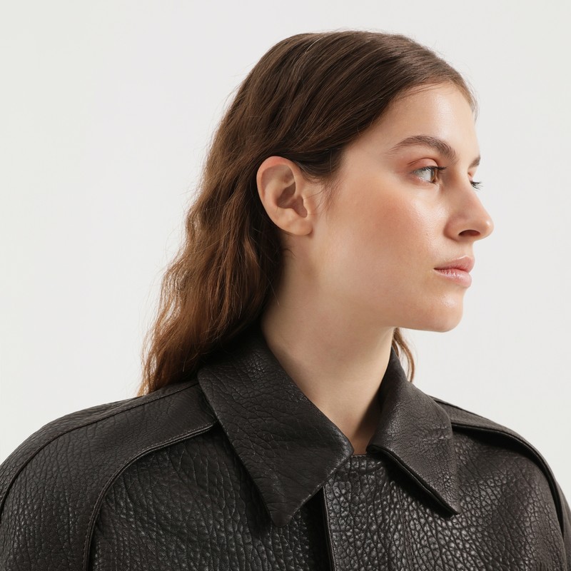 1989 Studio Leather Jacket Collar Front Pockets Ribbed Cuffs Textured Finish In Brown