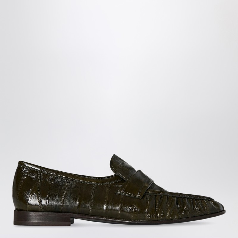 Olive green eel leather loafers