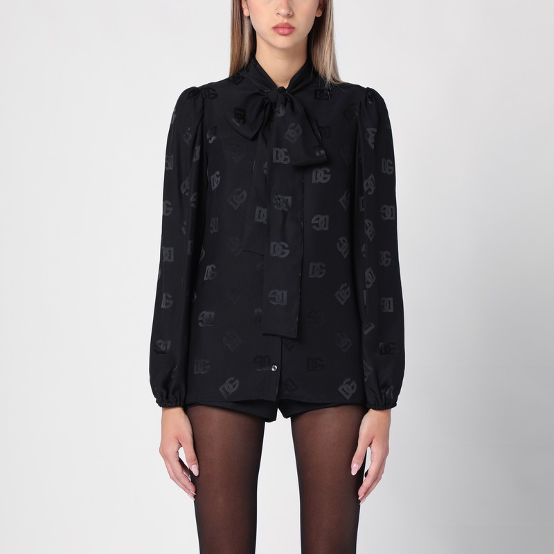 Dolce & Gabbana Black Shirt With Bow And Jacquard Dg Logo In Black