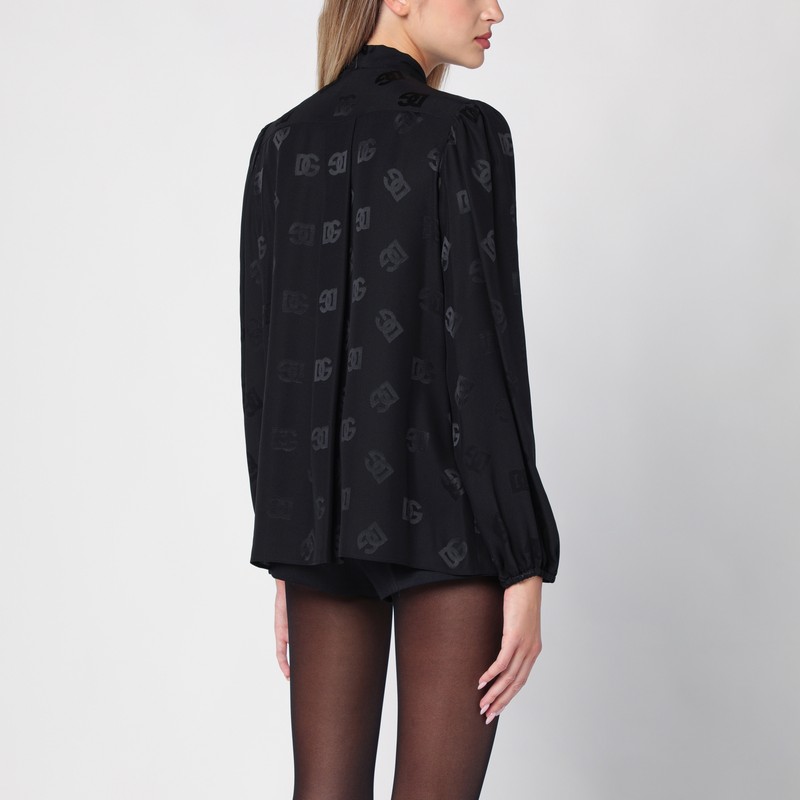 Dolce & Gabbana Black Shirt With Bow And Jacquard Dg Logo In Black
